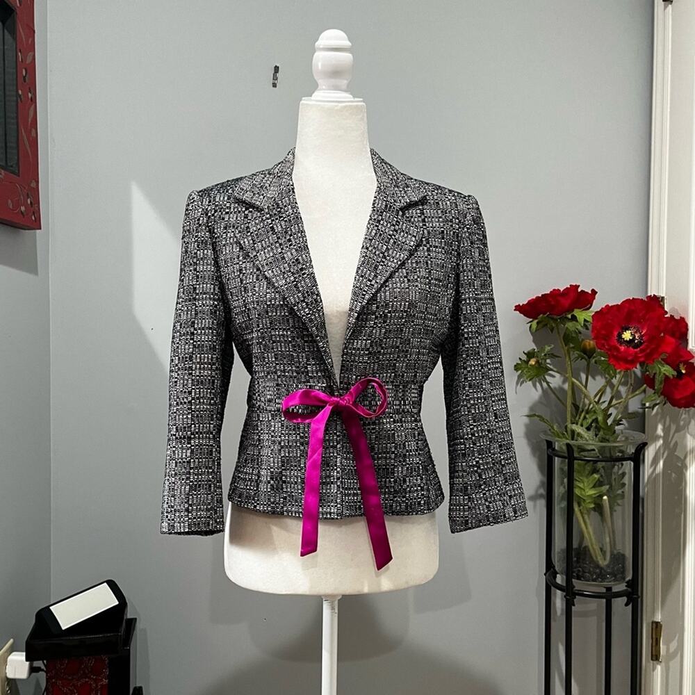 NEW Moda Intl Silk Linen Tailored Hourglass Contrast Ribbon Suit Blazer Jacket 6
